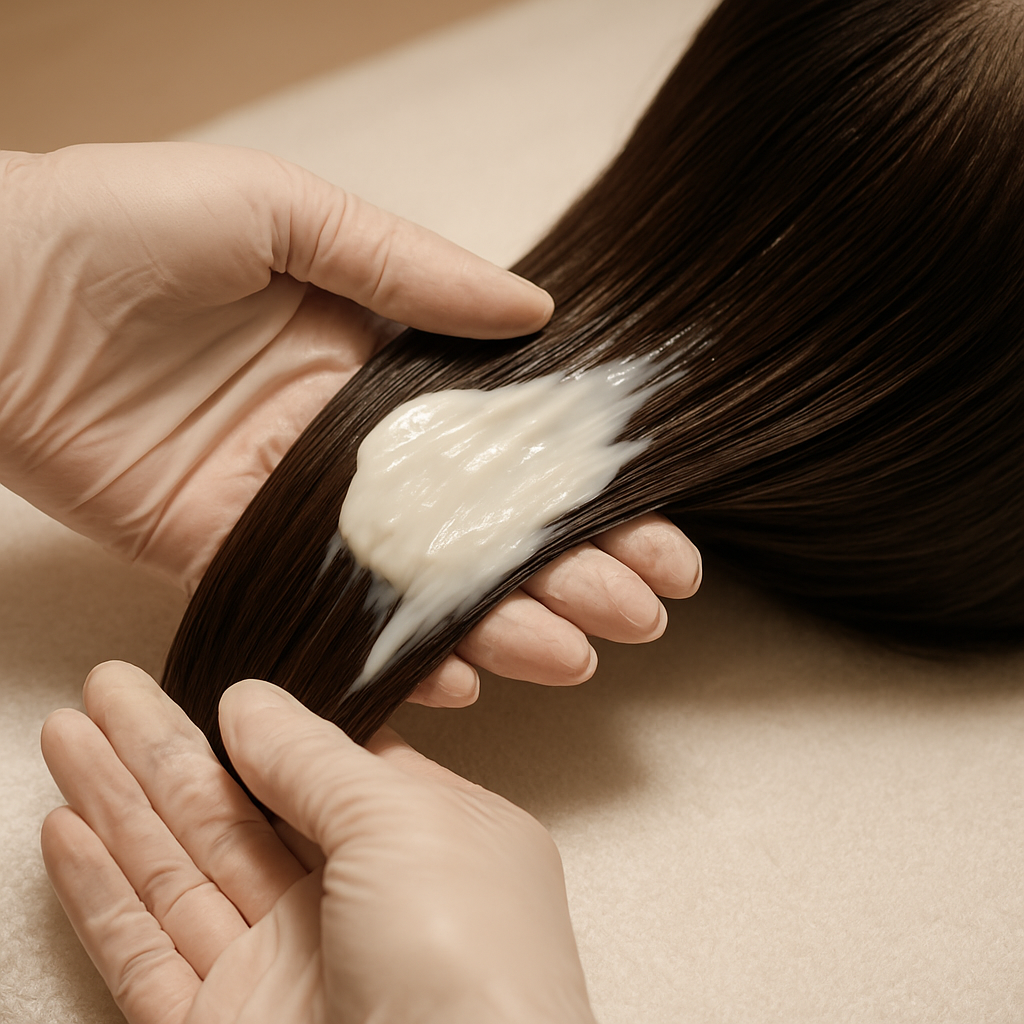 Professionelle Haarpflege-Behandlung — Keratinmaske wird in glänzendes Haar eingearbeitet